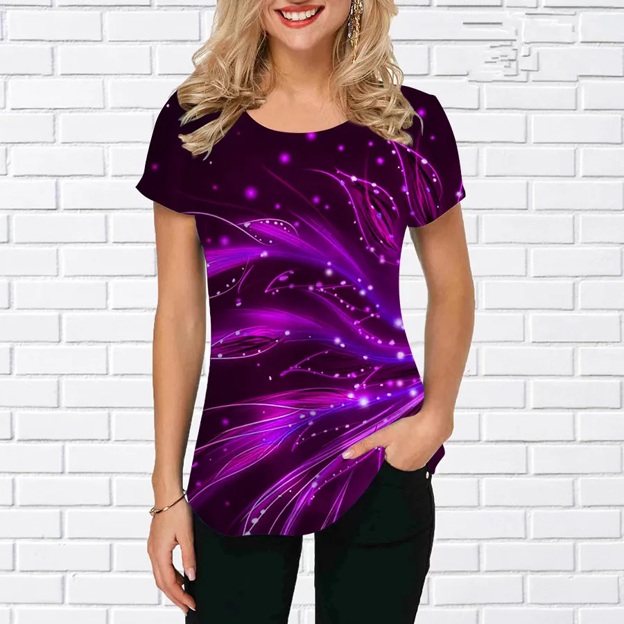 3D Gradient Floral Graphic Printed Women Fashion T-shirts Short Sleeve Street Round-Neck Pullovers Tops Summer Casual T Shirt