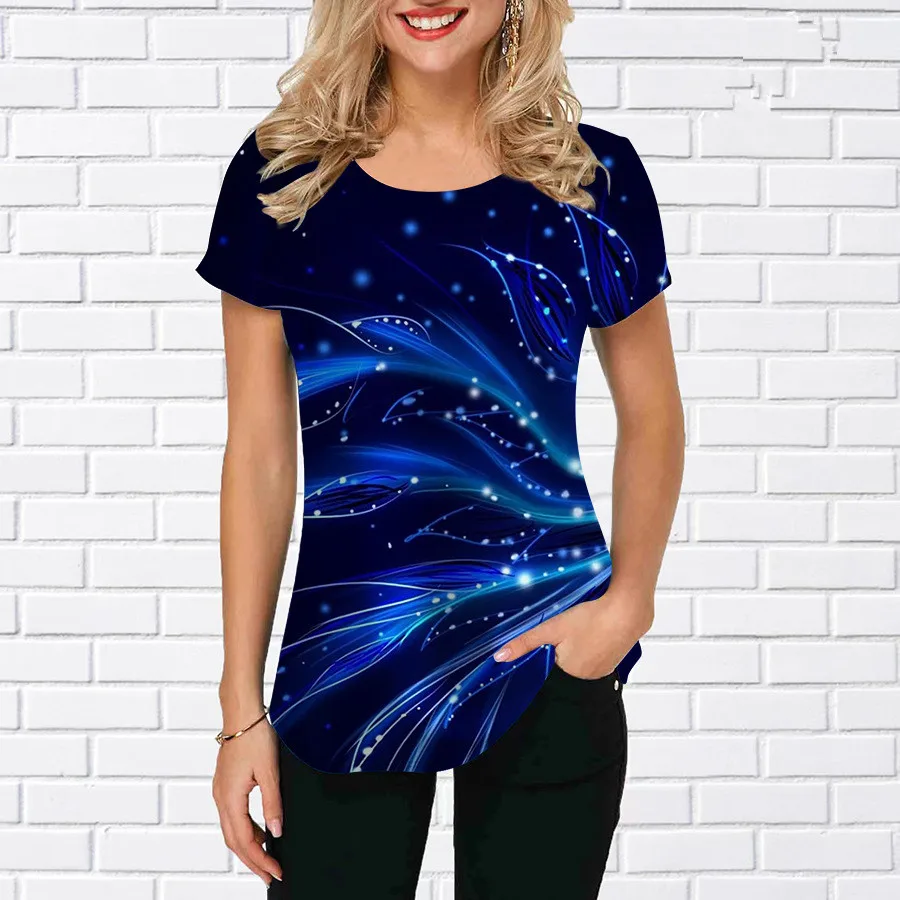 3D Gradient Floral Graphic Printed Women Fashion T-shirts Short Sleeve Street Round-Neck Pullovers Tops Summer Casual T Shirt