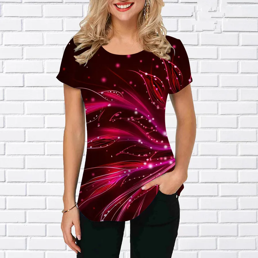 3D Gradient Floral Graphic Printed Women Fashion T-shirts Short Sleeve Street Round-Neck Pullovers Tops Summer Casual T Shirt