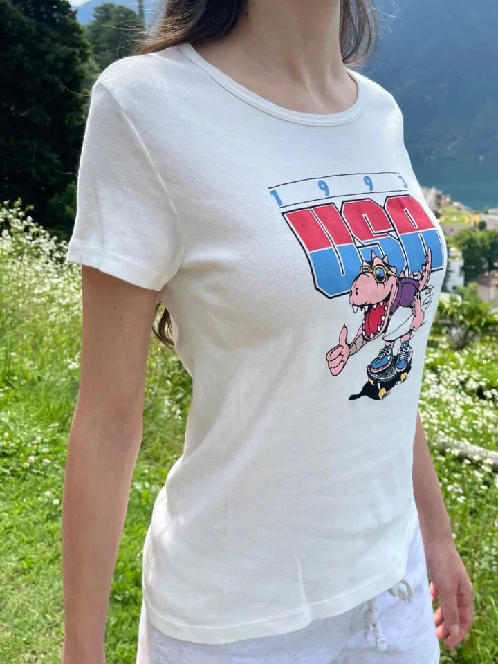 Dinosaur Print Slim T-shirt Woman Summer O-Neck Cotton Short Sleeve Tee American Vintage Streetwear Harajuku Cartoon Tshirt Y2k