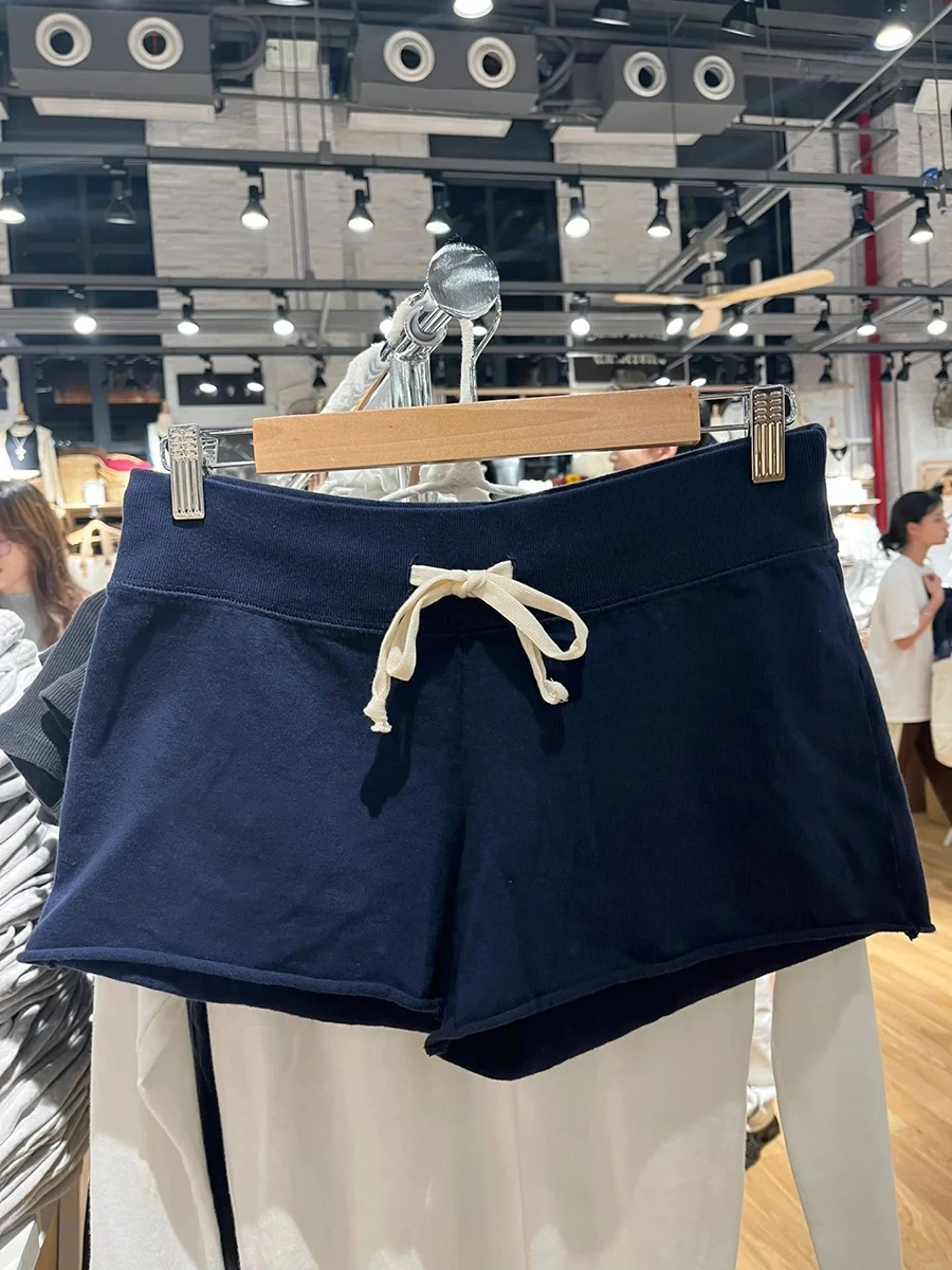 Navy Drawstring Casual Sweatshorts Women Cotton Raw Trim High Waist Loose Straight Shorts Harajuku Streetwear Summer Short Pant