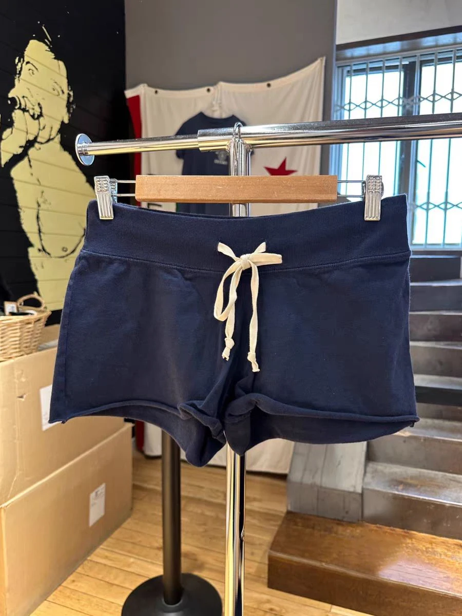 Navy Drawstring Casual Sweatshorts Women Cotton Raw Trim High Waist Loose Straight Shorts Harajuku Streetwear Summer Short Pant