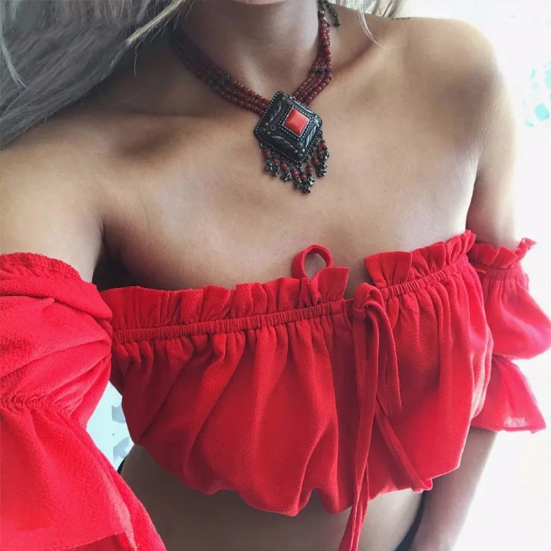 Crop tops women 2024 summer lantern sleeve sexy strapless beach tops plus size red black white ruched crop top