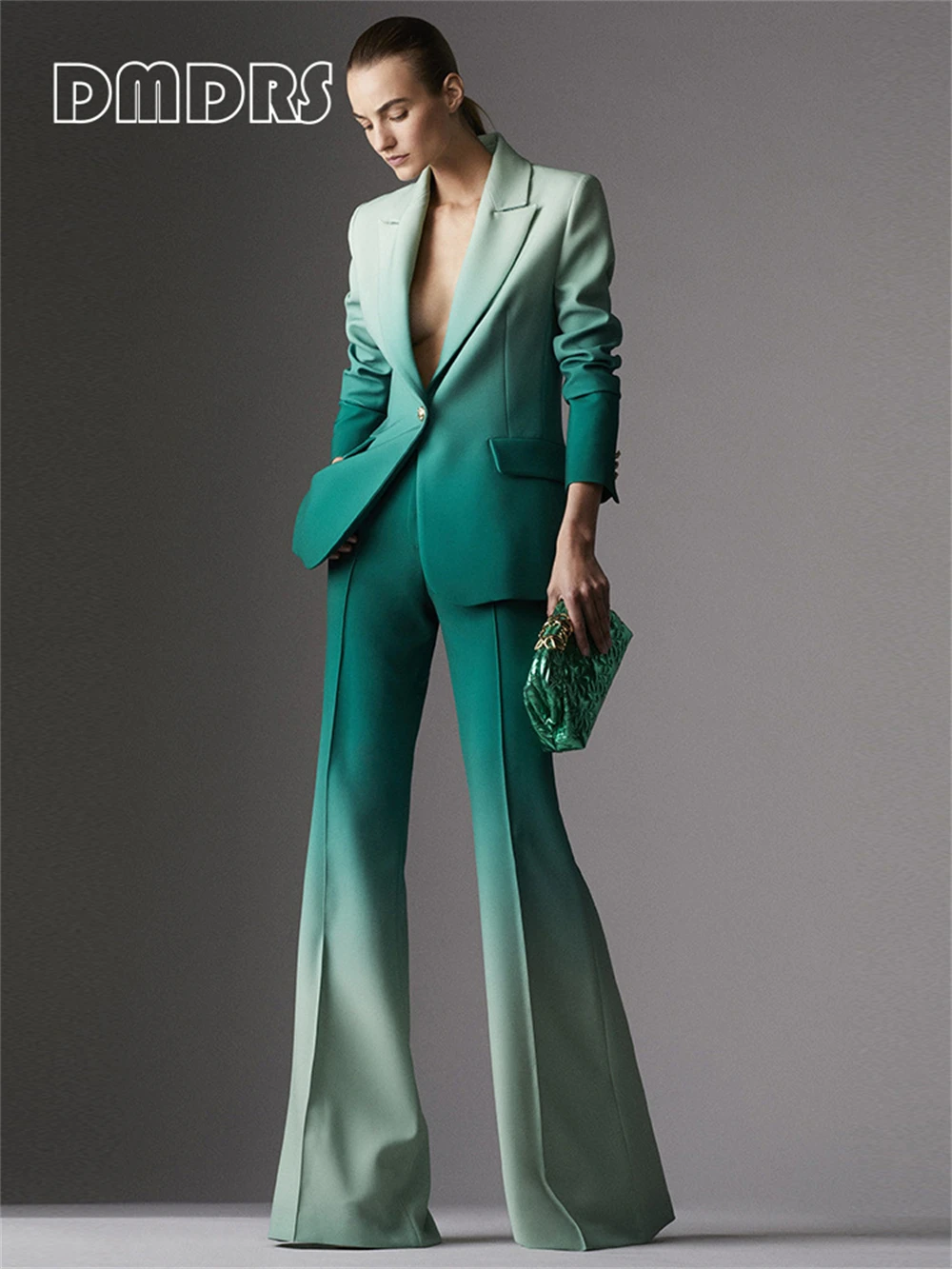 DMDRS | Gradient Green Slim Fitting Women Suit Set 2 Pieces Spring Blazer Pants Chic Women's Formal Suits Fashionable Outfit