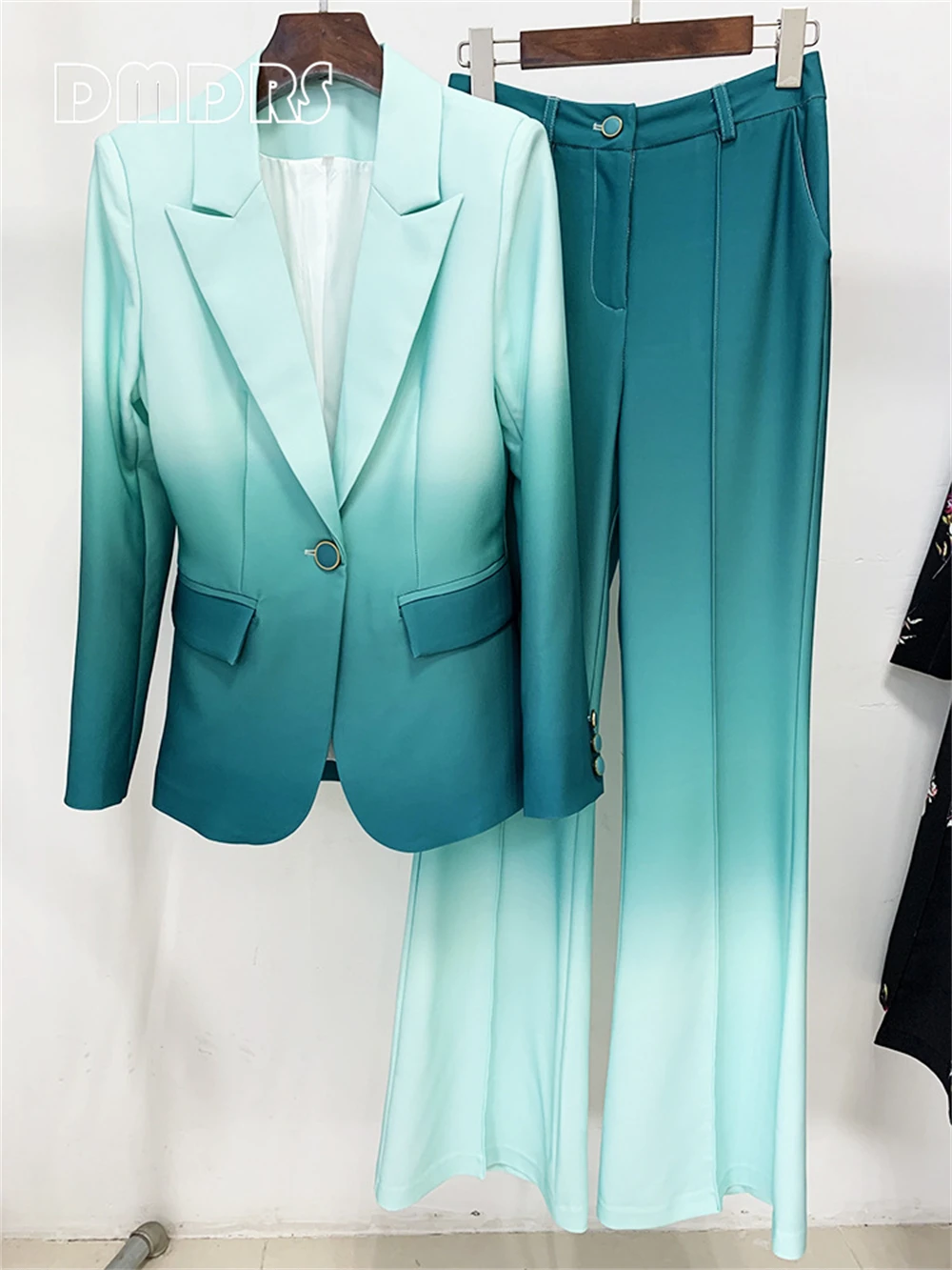 DMDRS | Gradient Green Slim Fitting Women Suit Set 2 Pieces Spring Blazer Pants Chic Women's Formal Suits Fashionable Outfit