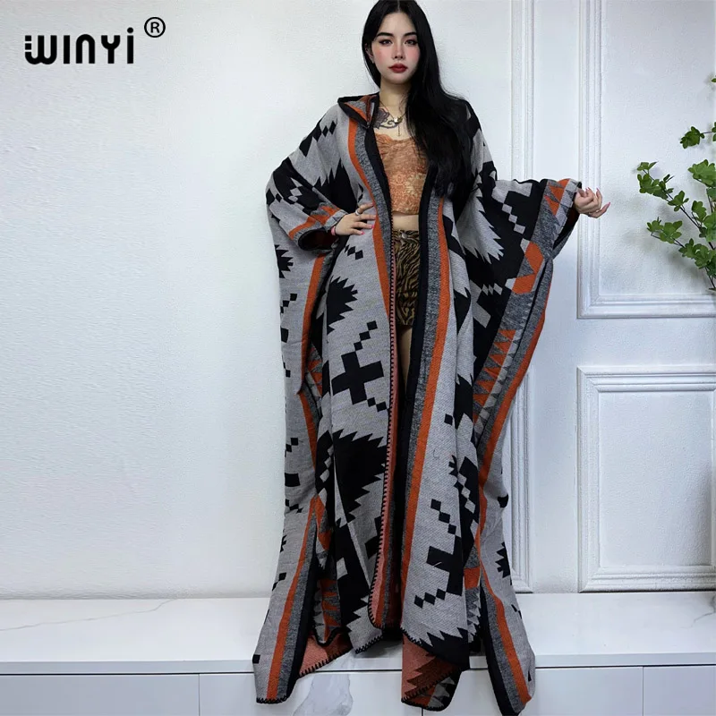 WINYI Africa Winter dress outfits Women high quality Coat Loose Thick Warm Female kaftan Coat poncho dress Hooded mop coat Abaya