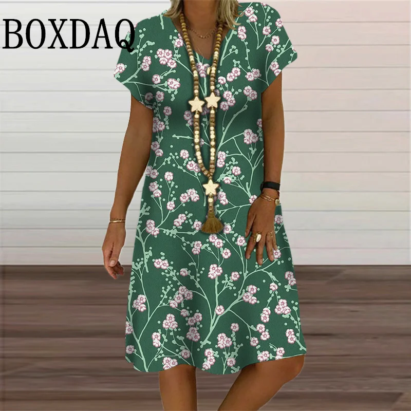 6XL Plus Size Dresses Women V-Neck Short Sleeve Floral Print A-Line Dress Casual Summer Retro Pullover Ladies Clothing Sundress