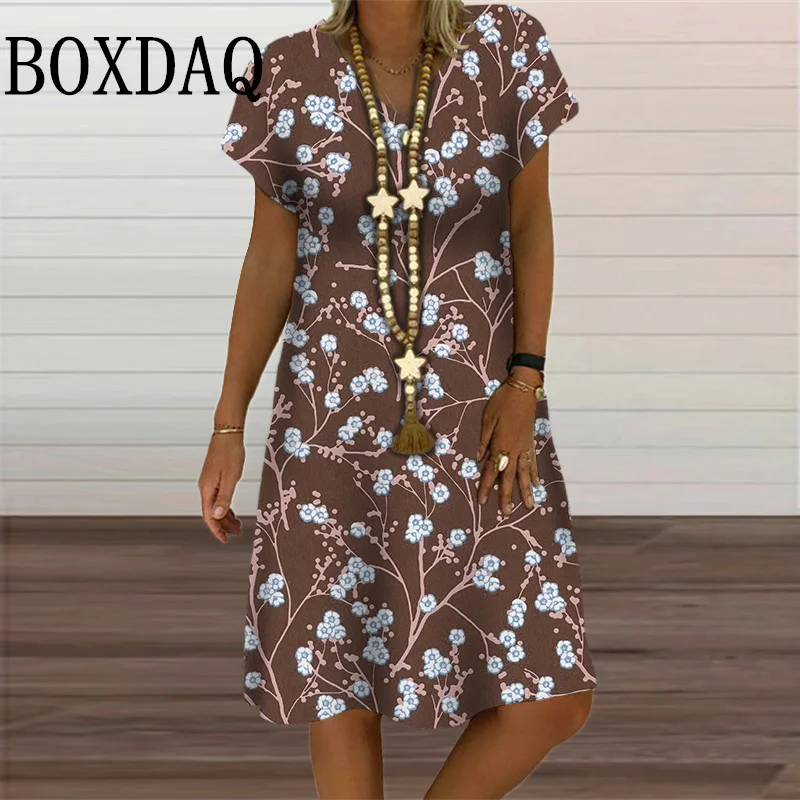 6XL Plus Size Dresses Women V-Neck Short Sleeve Floral Print A-Line Dress Casual Summer Retro Pullover Ladies Clothing Sundress