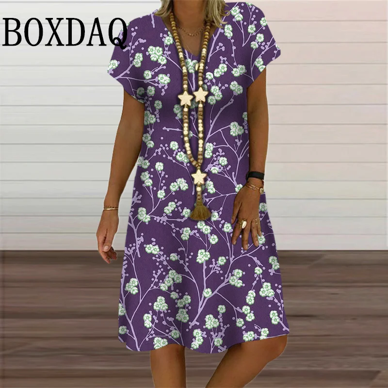 6XL Plus Size Dresses Women V-Neck Short Sleeve Floral Print A-Line Dress Casual Summer Retro Pullover Ladies Clothing Sundress