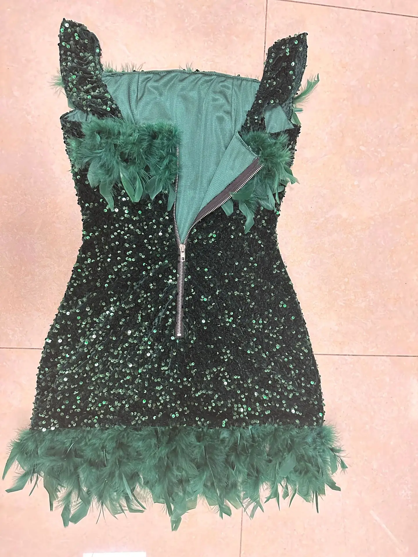 Feather Party Dresses for Women Slash Neck Backless Dress Club Green Mini Sequins Sleeveless Maxi Evening Dress Formal Vestidos