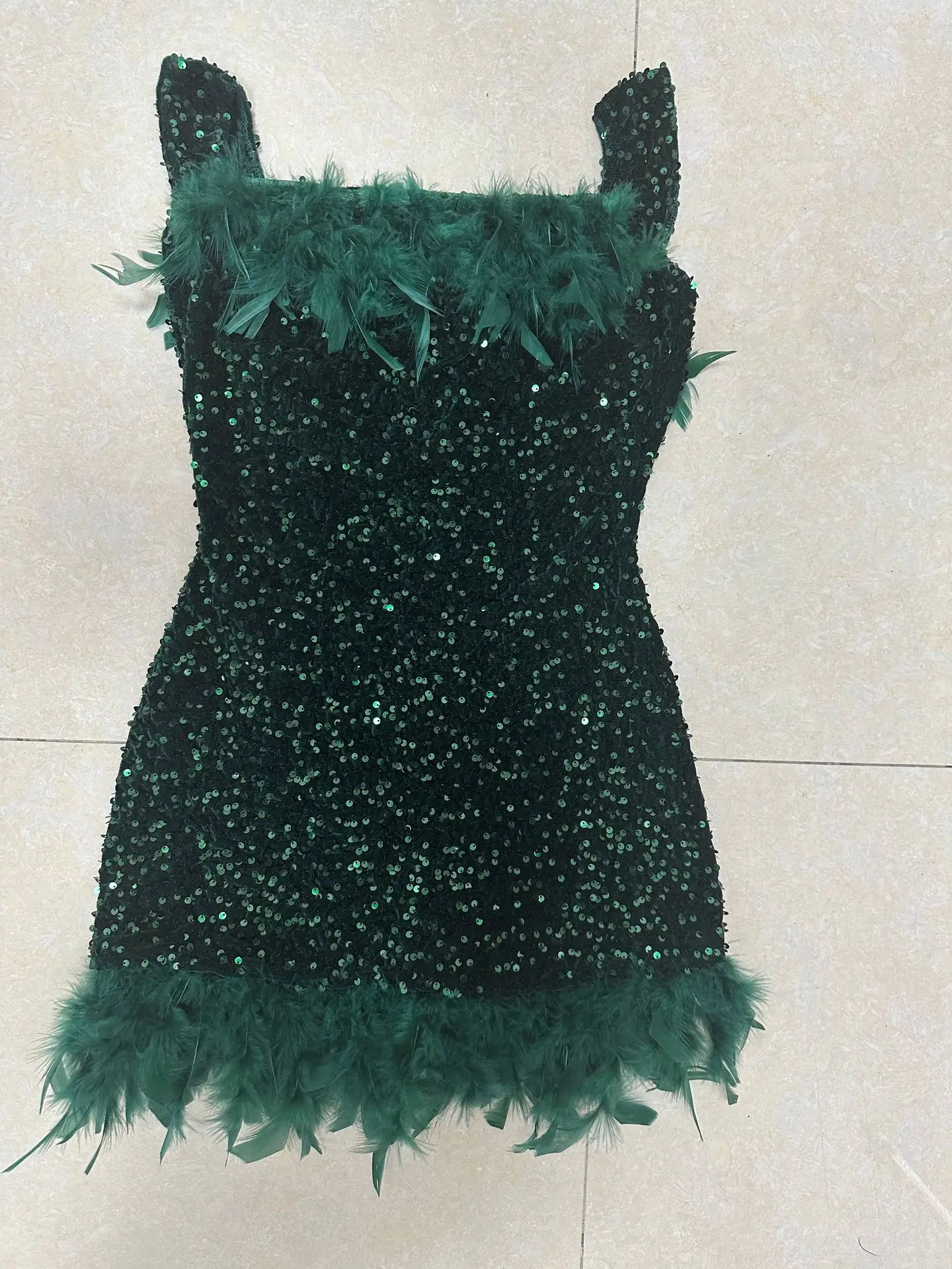Feather Party Dresses for Women Slash Neck Backless Dress Club Green Mini Sequins Sleeveless Maxi Evening Dress Formal Vestidos