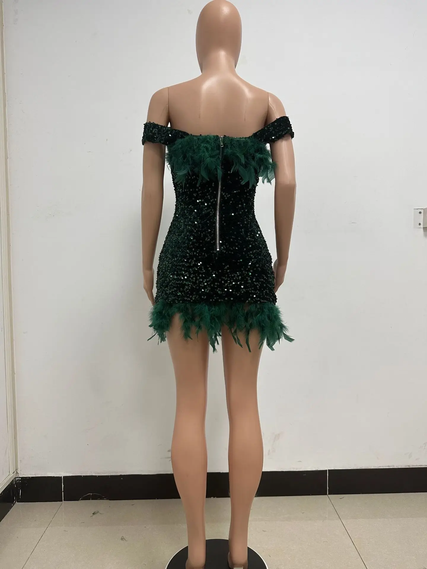 Feather Party Dresses for Women Slash Neck Backless Dress Club Green Mini Sequins Sleeveless Maxi Evening Dress Formal Vestidos