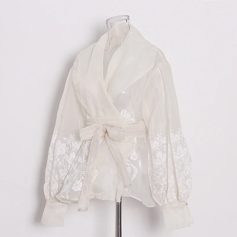 TWOTWINSTYLE Colorblock Patchwork Lace Up Shirts For Women V Neck Lantern Long Sleeve Temperament Blouses Female Fashion Style