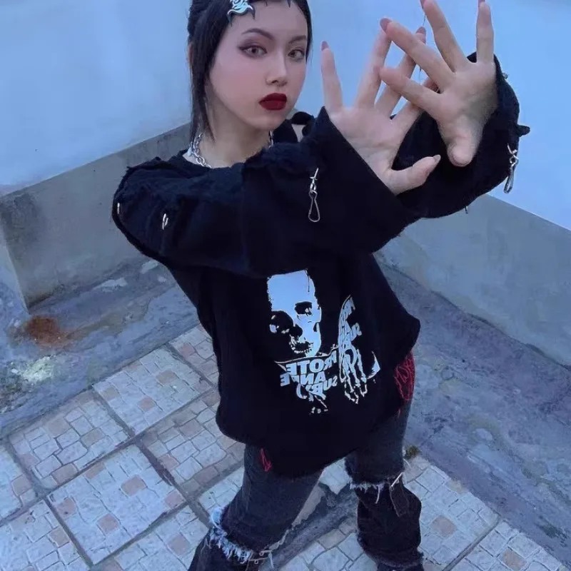 Y2K women clothing arcane Shirts Long Sleeve Loose Casual Shirt for Girls Harajuku Punk Off Shoulder Female 2024 Skull Blouse