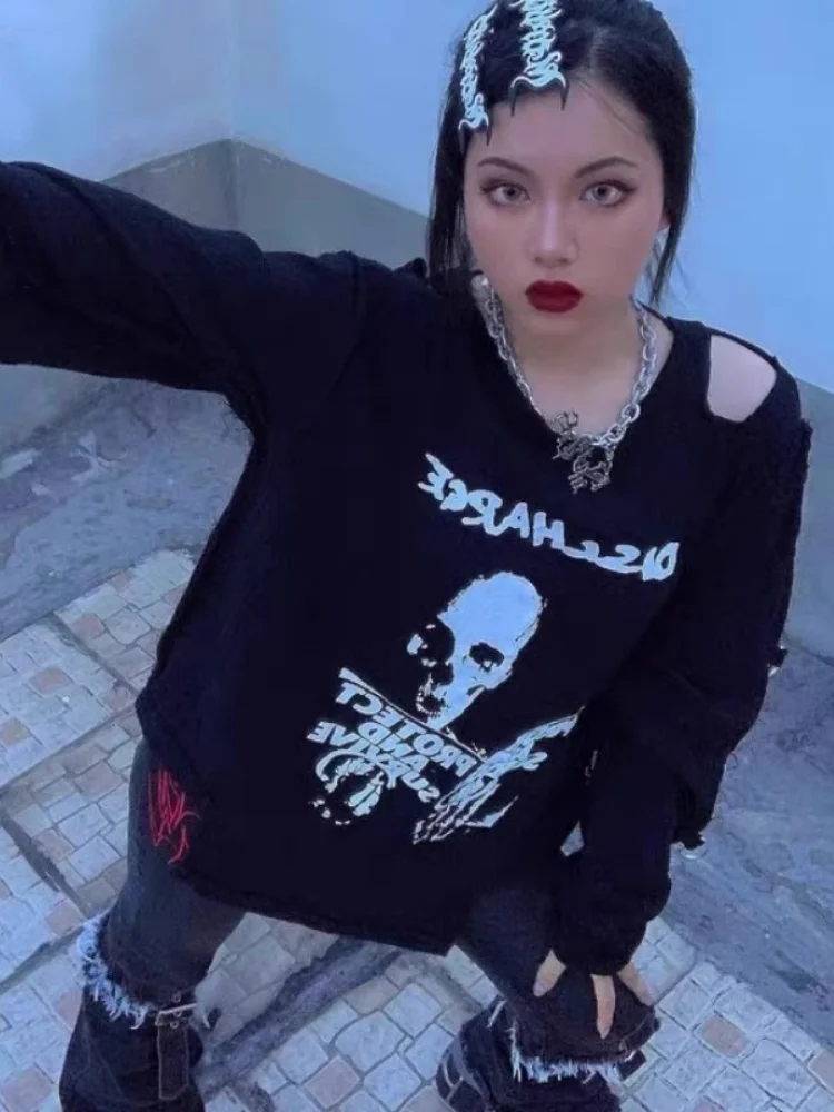 Y2K women clothing arcane Shirts Long Sleeve Loose Casual Shirt for Girls Harajuku Punk Off Shoulder Female 2024 Skull Blouse