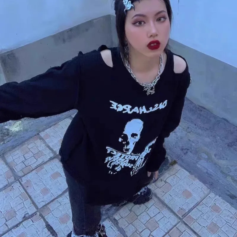 Y2K women clothing arcane Shirts Long Sleeve Loose Casual Shirt for Girls Harajuku Punk Off Shoulder Female 2024 Skull Blouse