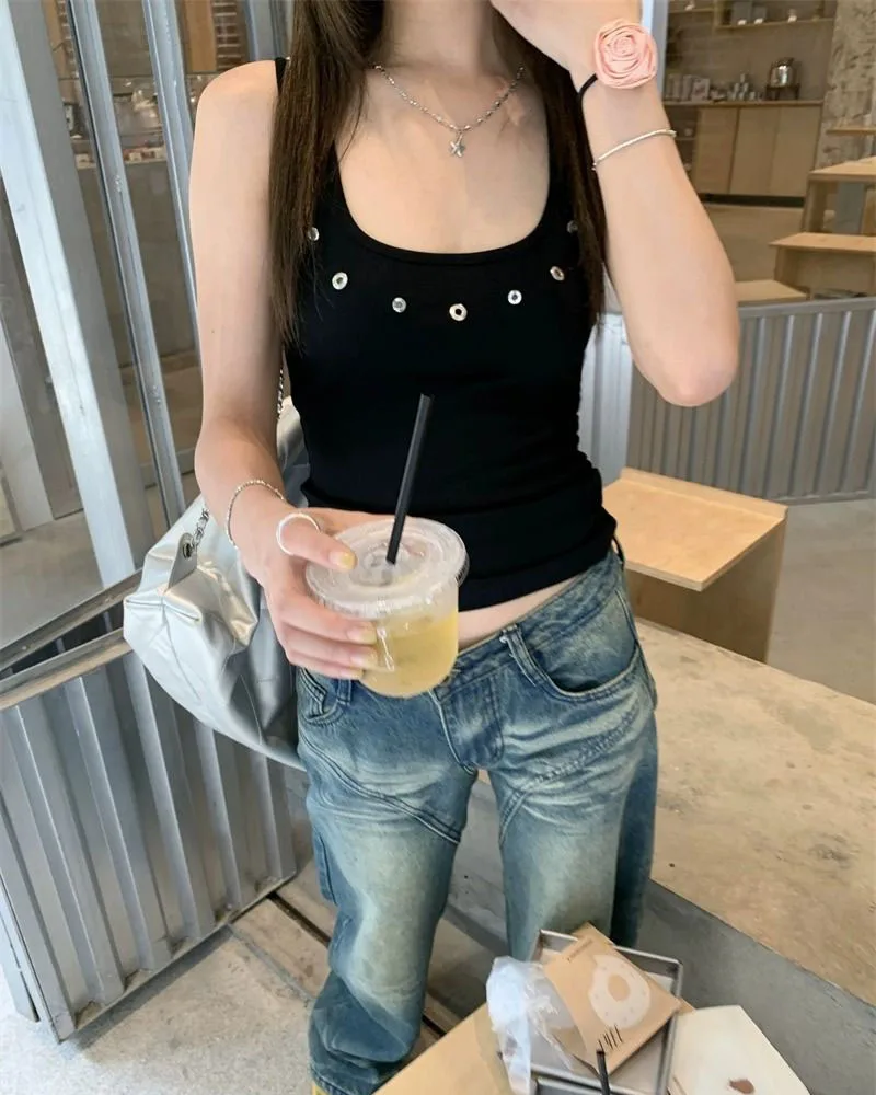 Lucyever American Vintage Streetwear Y2K Vest Women Summer Slim Sleeveless Black White Camis Female Casual Beach Short Tanks Top