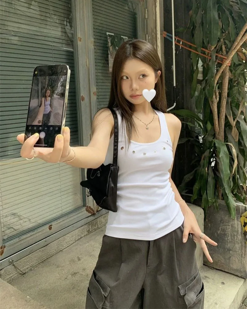 Lucyever American Vintage Streetwear Y2K Vest Women Summer Slim Sleeveless Black White Camis Female Casual Beach Short Tanks Top