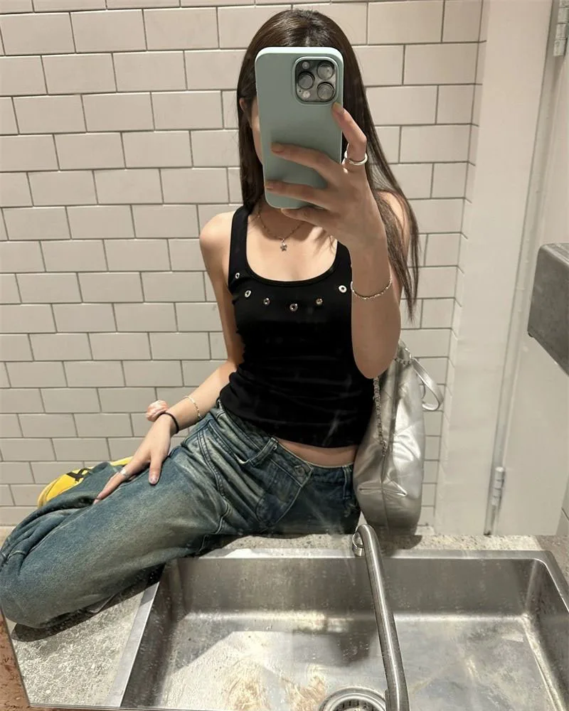 Lucyever American Vintage Streetwear Y2K Vest Women Summer Slim Sleeveless Black White Camis Female Casual Beach Short Tanks Top