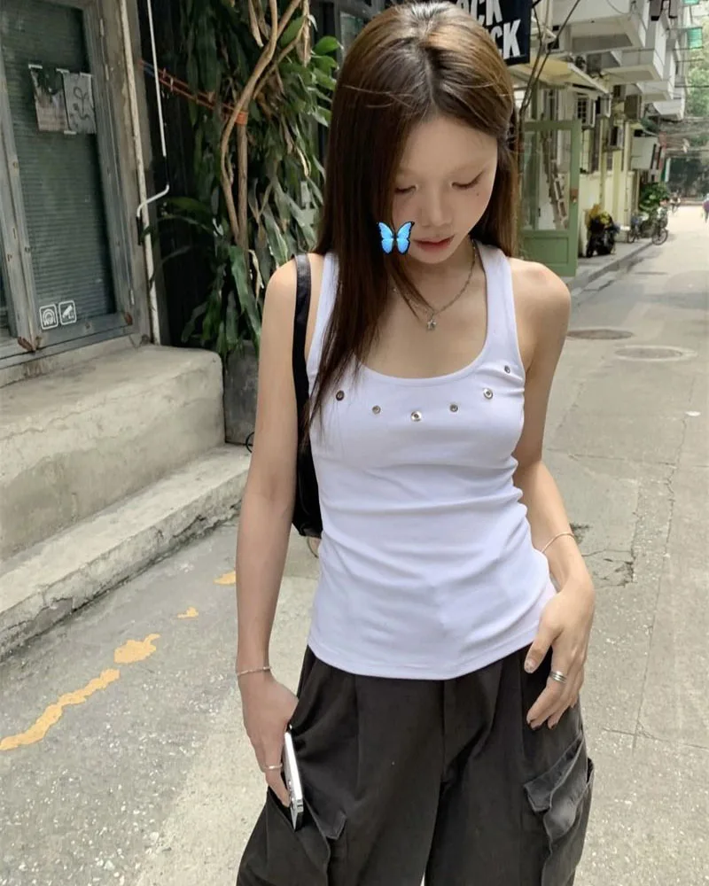 Lucyever American Vintage Streetwear Y2K Vest Women Summer Slim Sleeveless Black White Camis Female Casual Beach Short Tanks Top