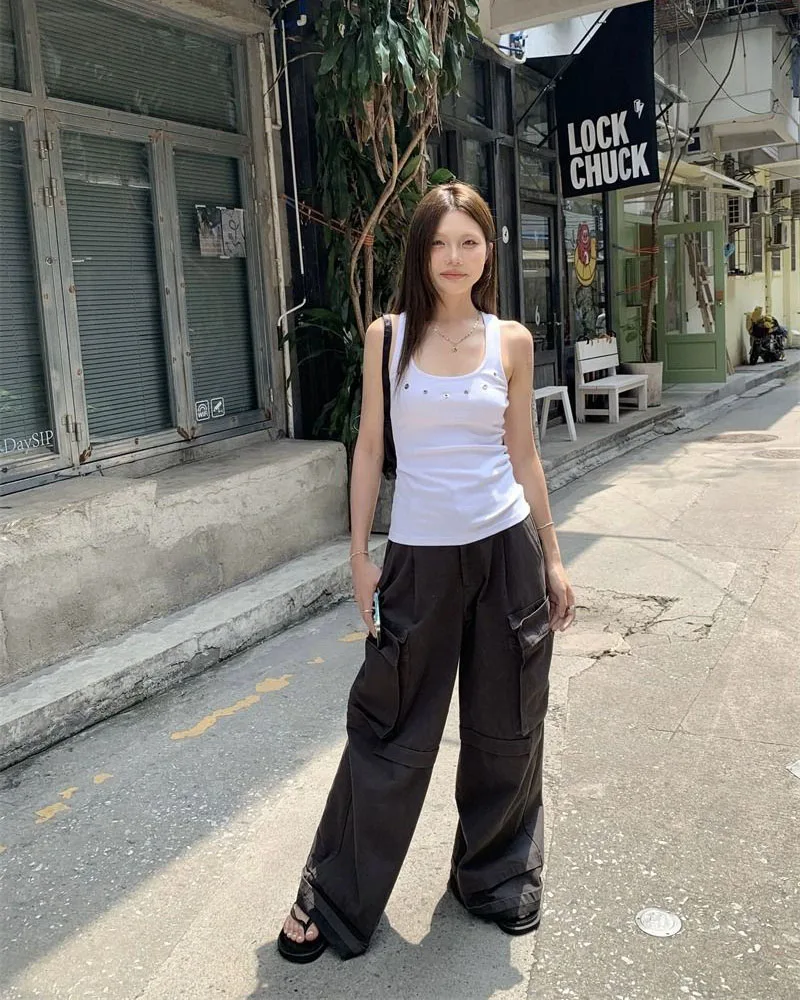Lucyever American Vintage Streetwear Y2K Vest Women Summer Slim Sleeveless Black White Camis Female Casual Beach Short Tanks Top