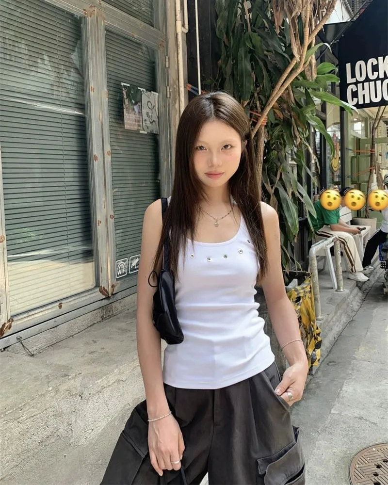 Lucyever American Vintage Streetwear Y2K Vest Women Summer Slim Sleeveless Black White Camis Female Casual Beach Short Tanks Top