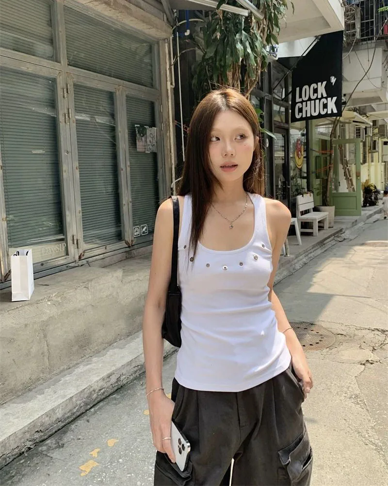 Lucyever American Vintage Streetwear Y2K Vest Women Summer Slim Sleeveless Black White Camis Female Casual Beach Short Tanks Top