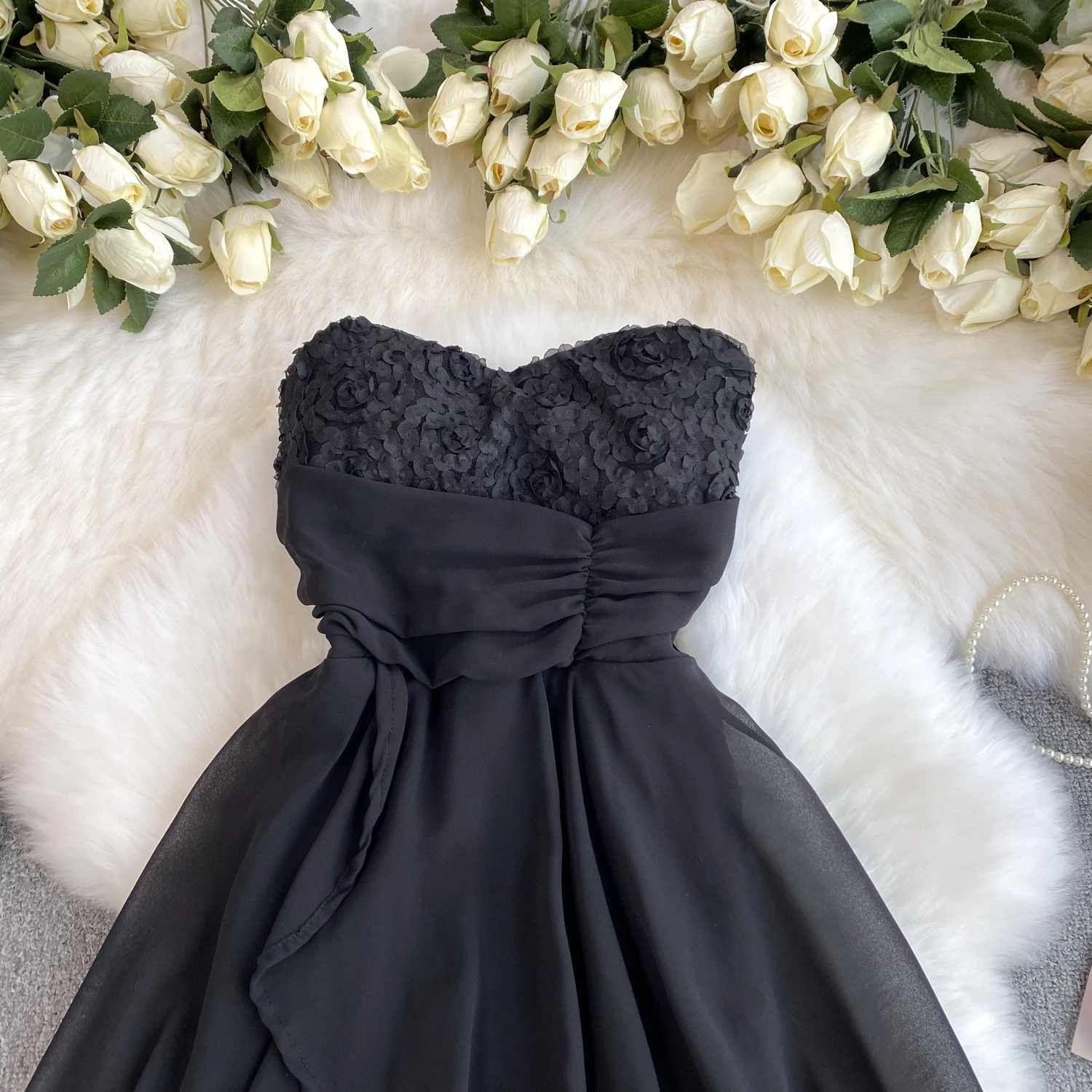 Chic Floral Mesh Patchwork Tube Top Dress Sexy Off Shoulder Elegant Evening Party Women Fashion Vintage Ceremonial Dresses