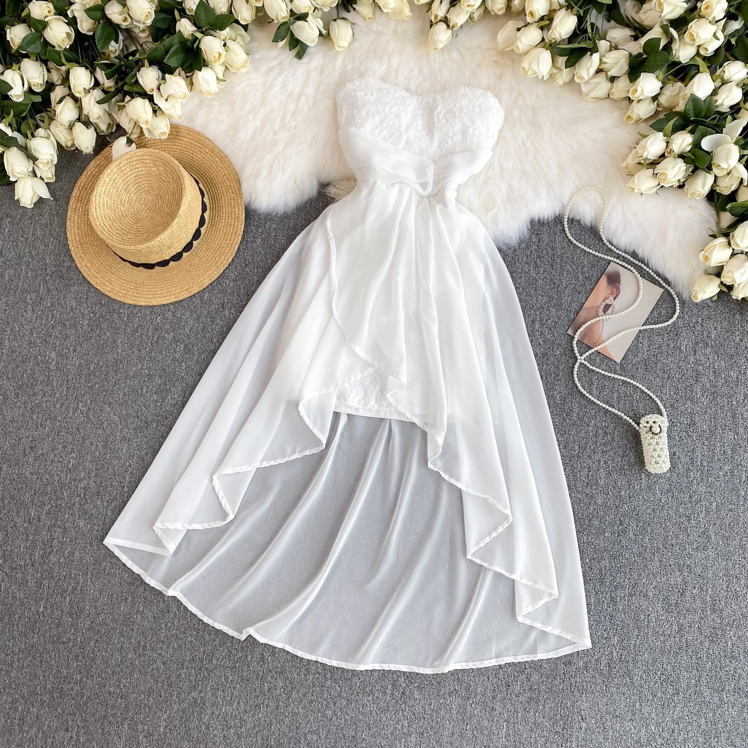 Chic Floral Mesh Patchwork Tube Top Dress Sexy Off Shoulder Elegant Evening Party Women Fashion Vintage Ceremonial Dresses