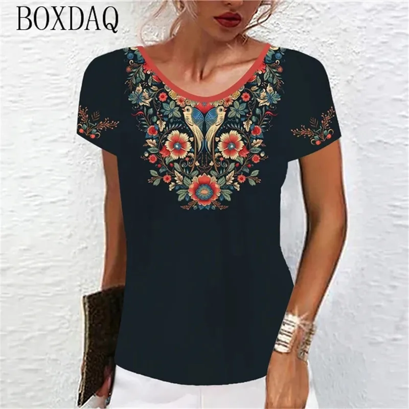 Vintage Classic Women T-Shirts Short Sleeve O-Neck Floral Graphic Female T Shirt Summer 3d Print Flower Casual Tops Big Size 6XL