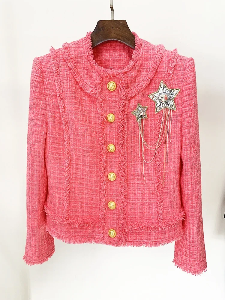 HIGH STREET Newest 2026 Runway Designer Fashion Women's Diamonds Rhinestone Beaded Tassel Tweed Jacket