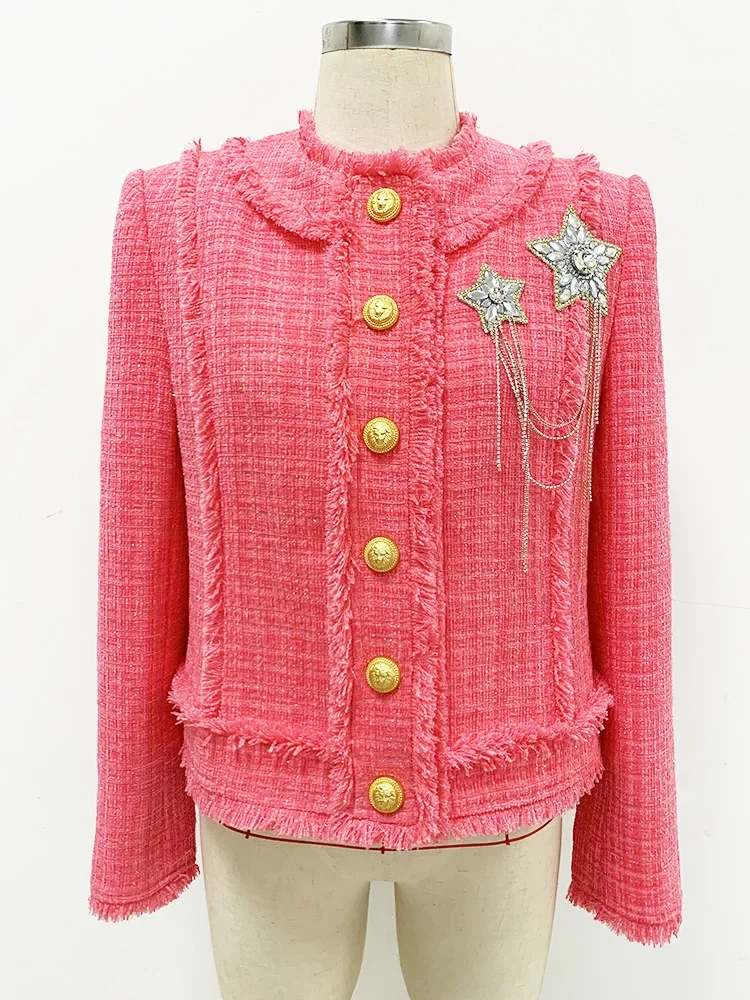 HIGH STREET Newest 2026 Runway Designer Fashion Women's Diamonds Rhinestone Beaded Tassel Tweed Jacket