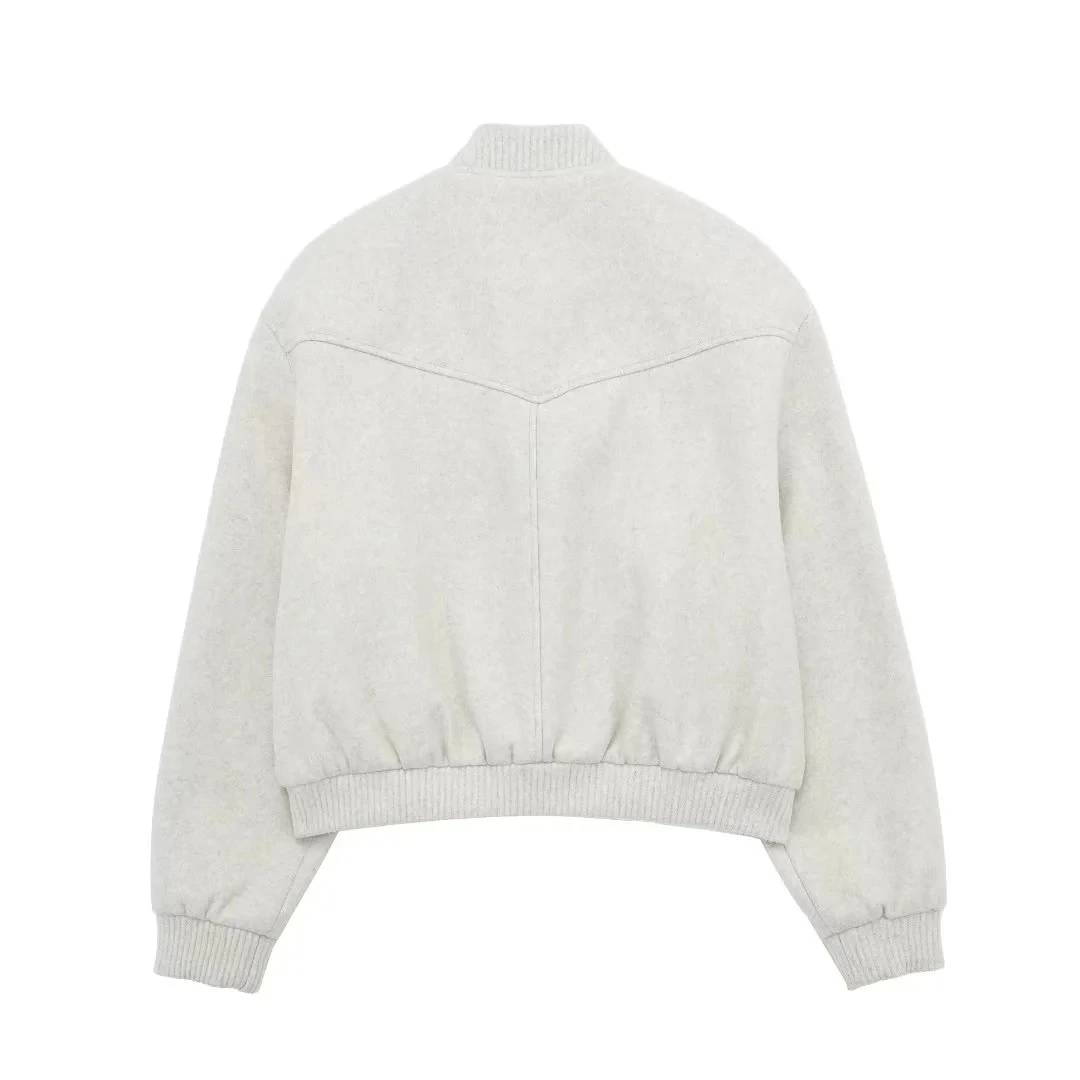HH Women Cropped Bomber Jacket Female Autumn Casual Button Down Coat with Pockets Women's Fashion Long Sleeve Outerwear