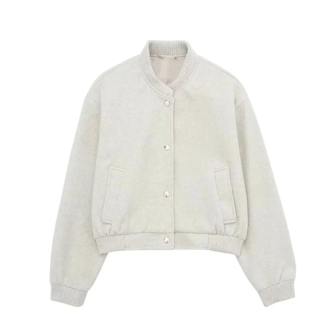 HH Women Cropped Bomber Jacket Female Autumn Casual Button Down Coat with Pockets Women's Fashion Long Sleeve Outerwear