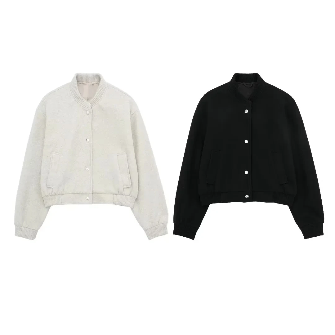 HH Women Cropped Bomber Jacket Female Autumn Casual Button Down Coat with Pockets Women's Fashion Long Sleeve Outerwear