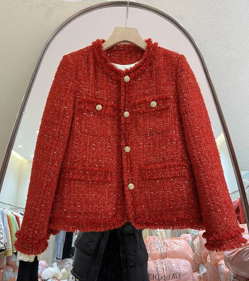 Red Cropped Tweed Coat Women Korean Fashion Long Sleeve Autumn Winter Jacket Single Breasted Down Cotton Lined Warm Lady Outwear