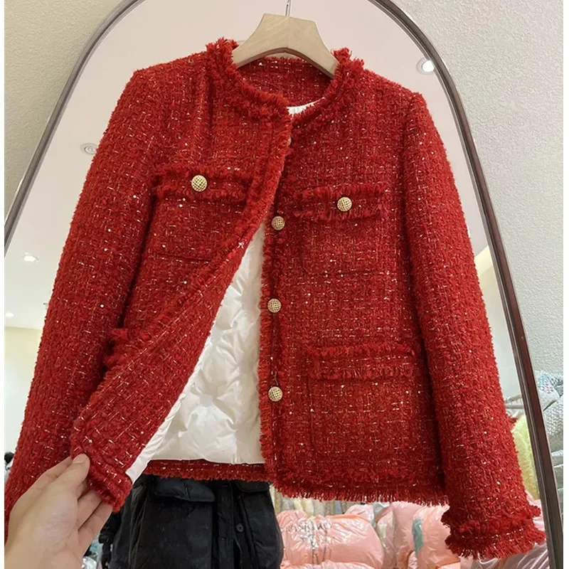 Red Cropped Tweed Coat Women Korean Fashion Long Sleeve Autumn Winter Jacket Single Breasted Down Cotton Lined Warm Lady Outwear