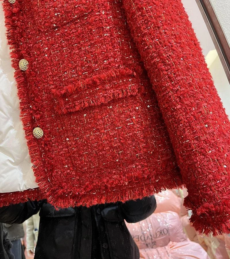 Red Cropped Tweed Coat Women Korean Fashion Long Sleeve Autumn Winter Jacket Single Breasted Down Cotton Lined Warm Lady Outwear