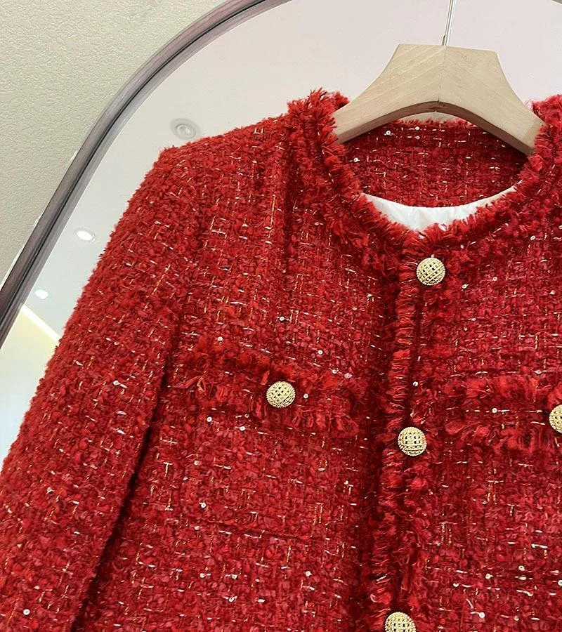 Red Cropped Tweed Coat Women Korean Fashion Long Sleeve Autumn Winter Jacket Single Breasted Down Cotton Lined Warm Lady Outwear