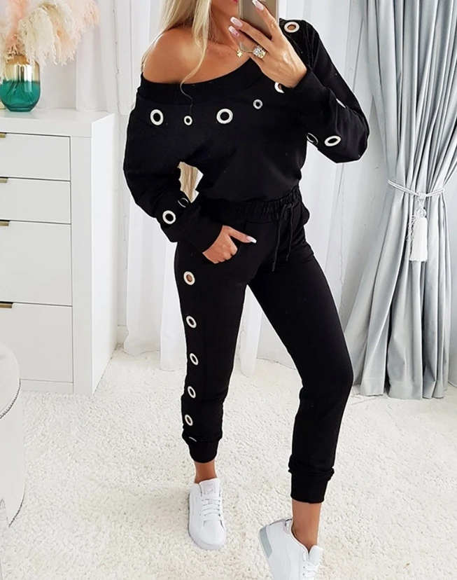 Womens Two Peice Sets 2024 Summer Fashion Skew Neck Long Sleeve Eyelet Top & Casual Long Pants Set Slim Woman Clothes Outfits