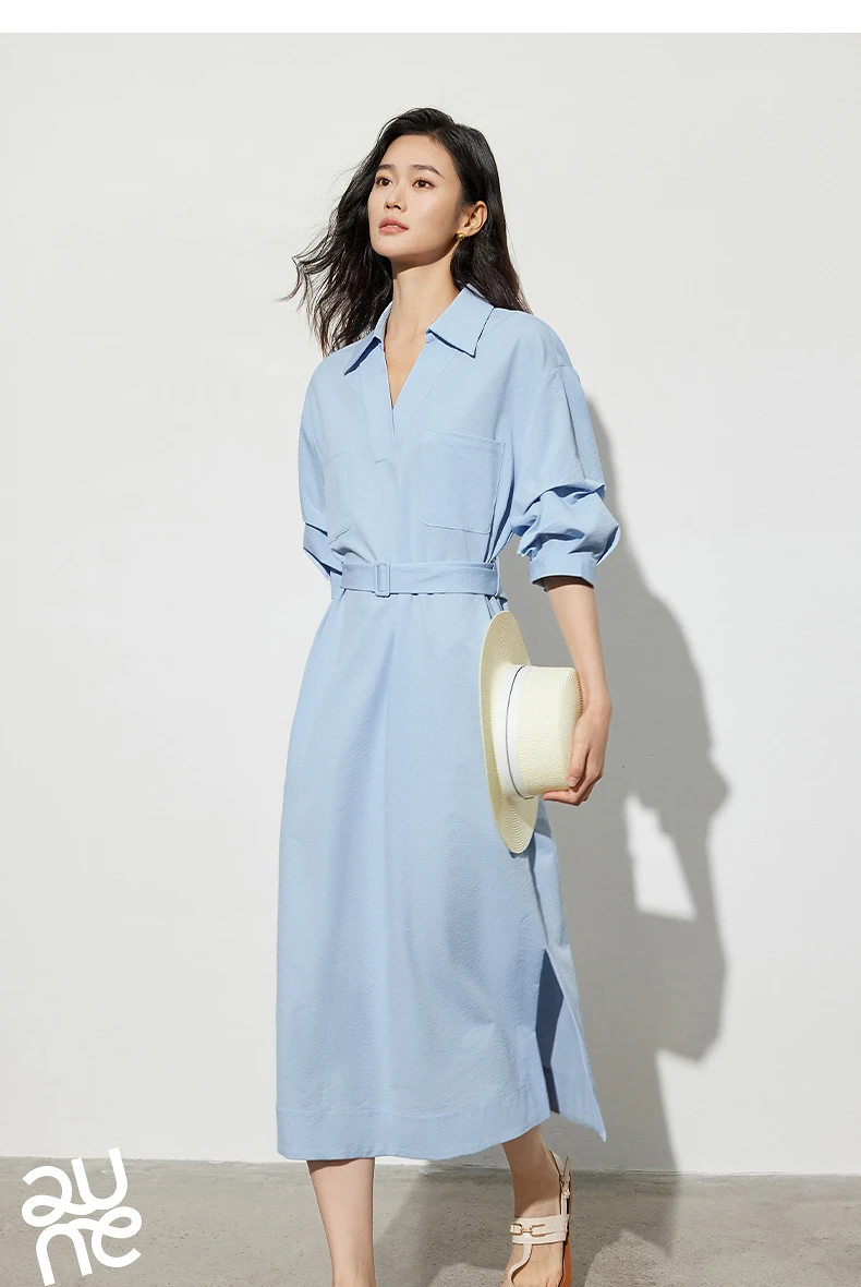 TOYOUTH Women Shirt Dress 2024 Summer New V Turn Down Collar Half Lantern Sleeve Jacquard A-line Midi Dress With Waist Belt