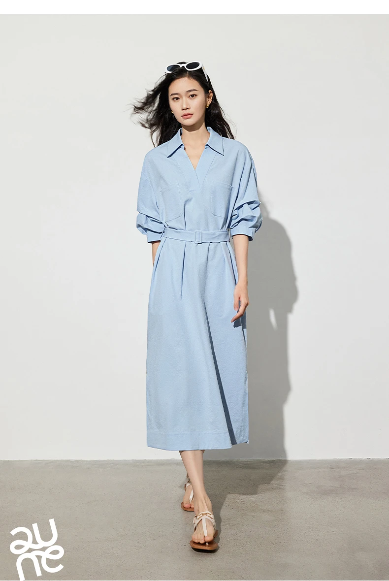 TOYOUTH Women Shirt Dress 2024 Summer New V Turn Down Collar Half Lantern Sleeve Jacquard A-line Midi Dress With Waist Belt