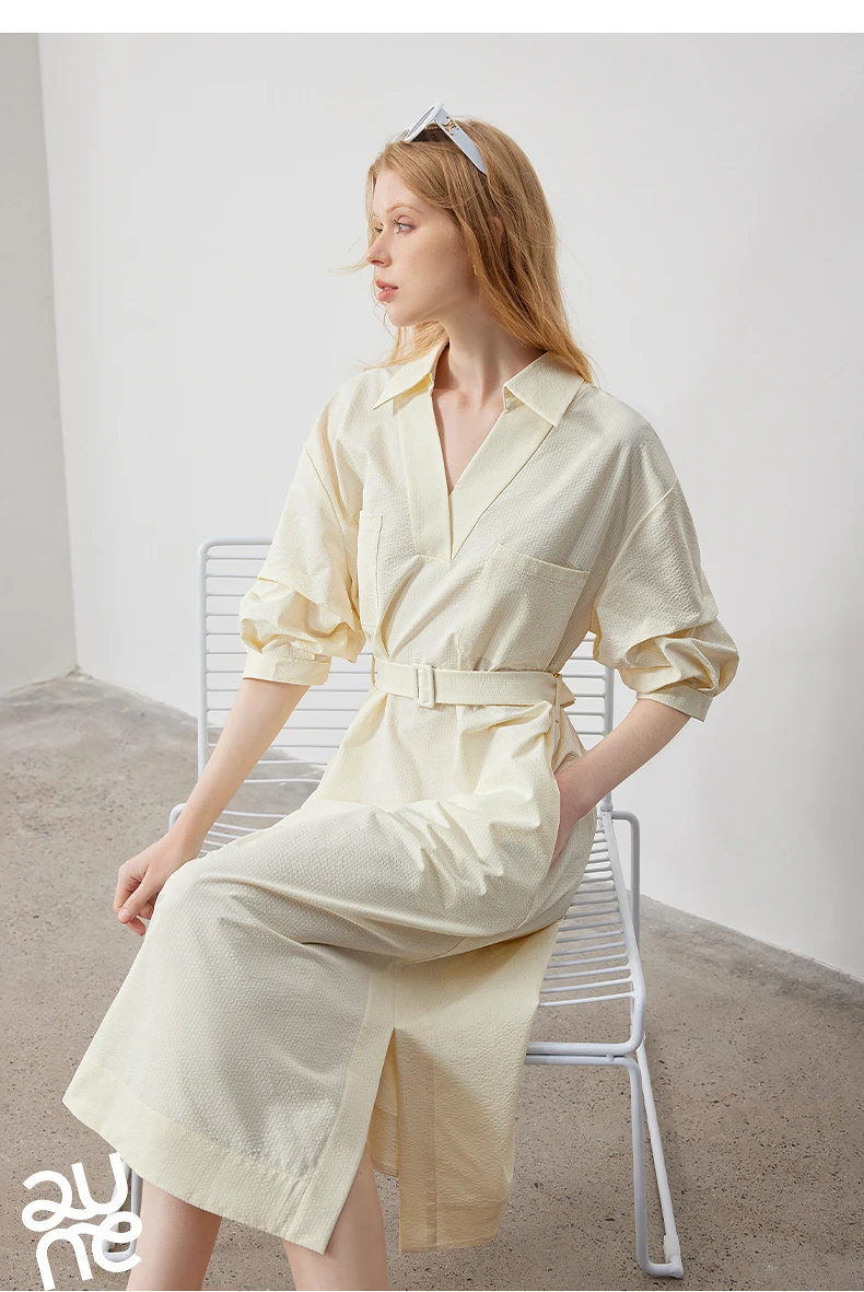 TOYOUTH Women Shirt Dress 2024 Summer New V Turn Down Collar Half Lantern Sleeve Jacquard A-line Midi Dress With Waist Belt