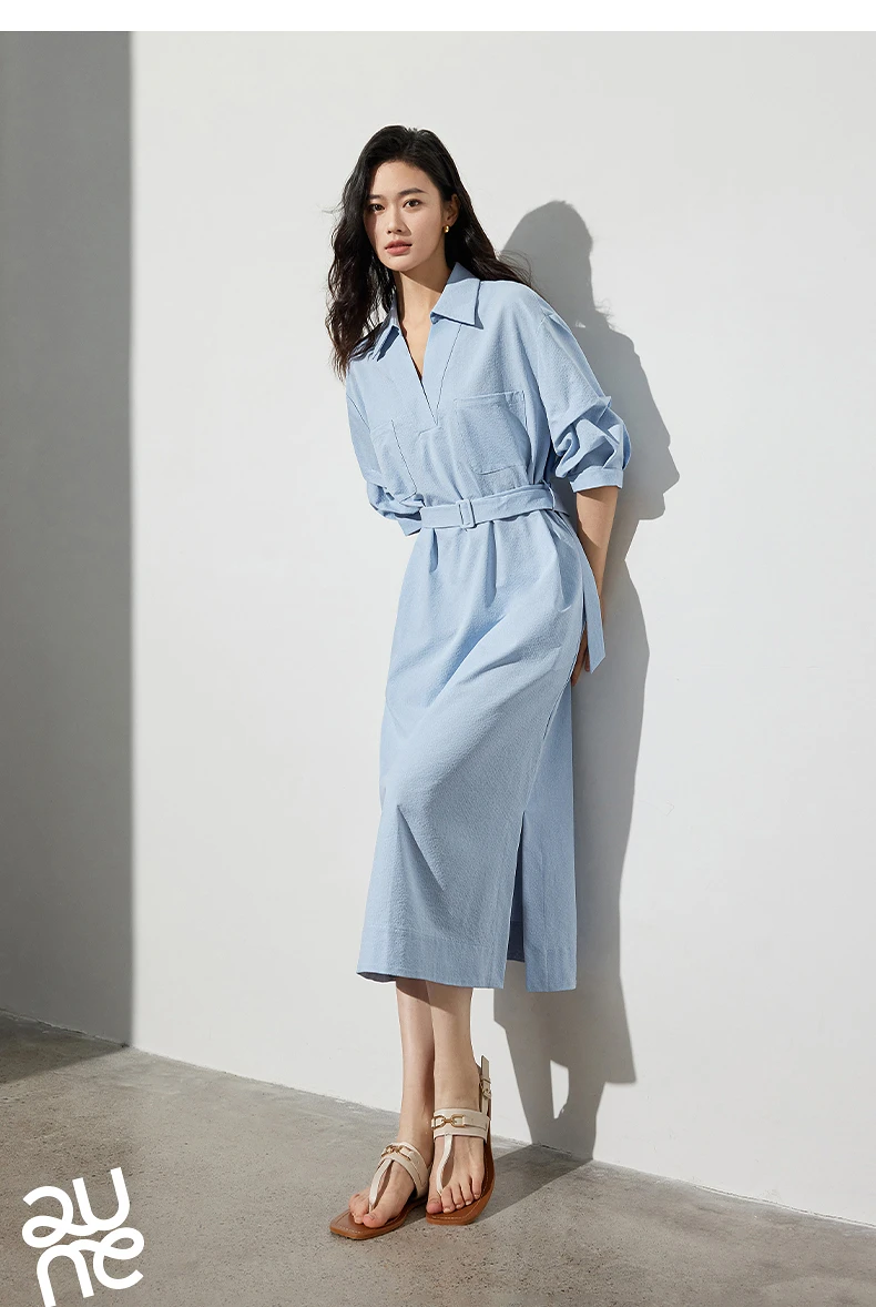 TOYOUTH Women Shirt Dress 2024 Summer New V Turn Down Collar Half Lantern Sleeve Jacquard A-line Midi Dress With Waist Belt