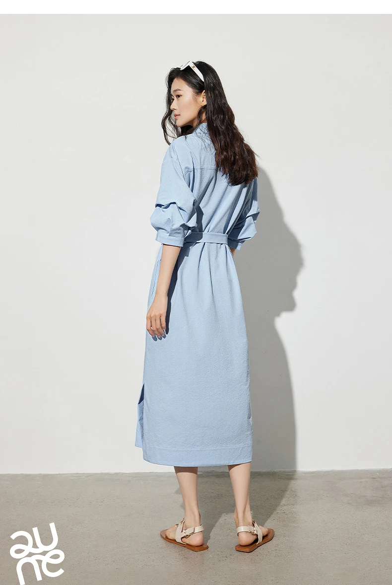 TOYOUTH Women Shirt Dress 2024 Summer New V Turn Down Collar Half Lantern Sleeve Jacquard A-line Midi Dress With Waist Belt
