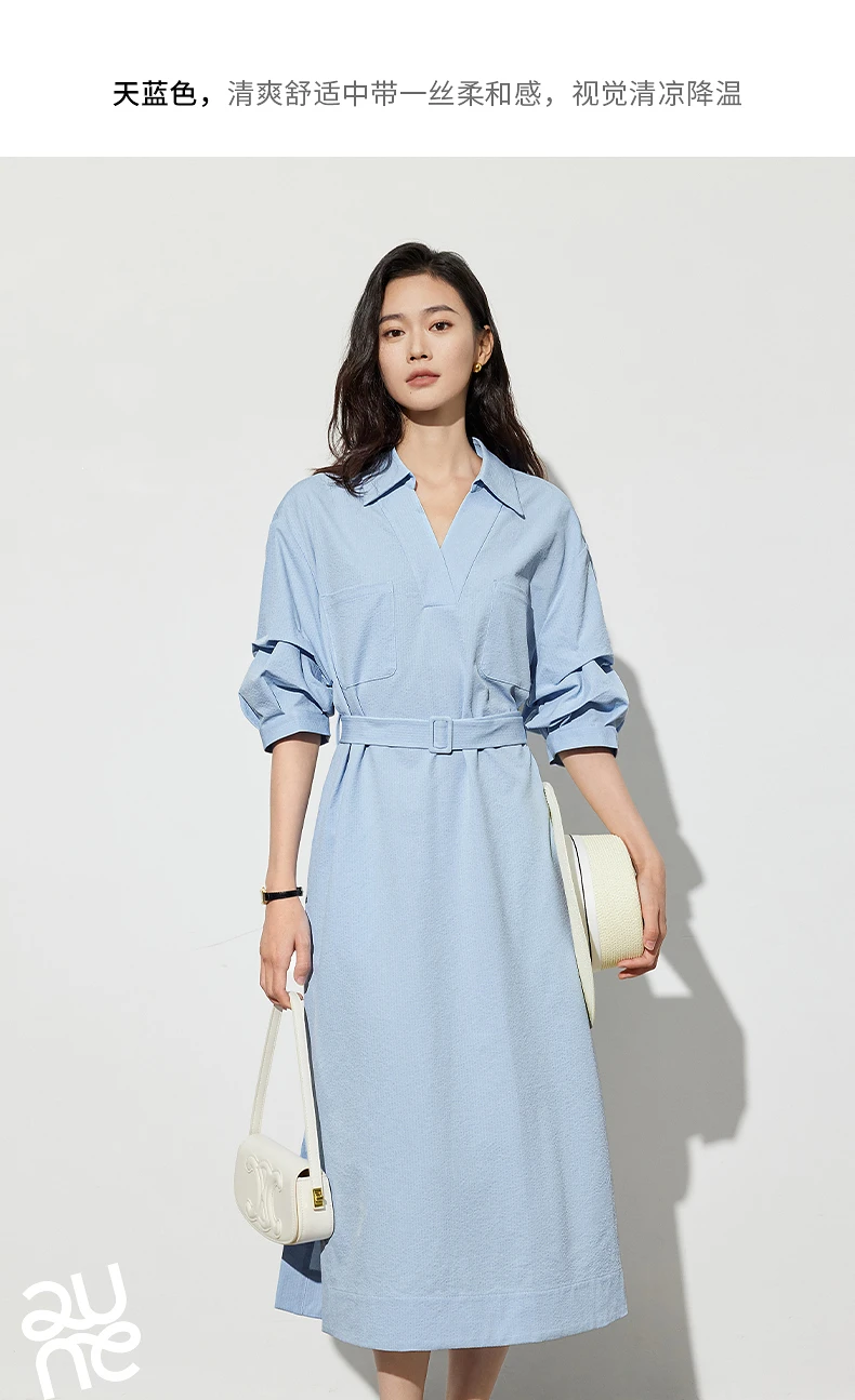 TOYOUTH Women Shirt Dress 2024 Summer New V Turn Down Collar Half Lantern Sleeve Jacquard A-line Midi Dress With Waist Belt