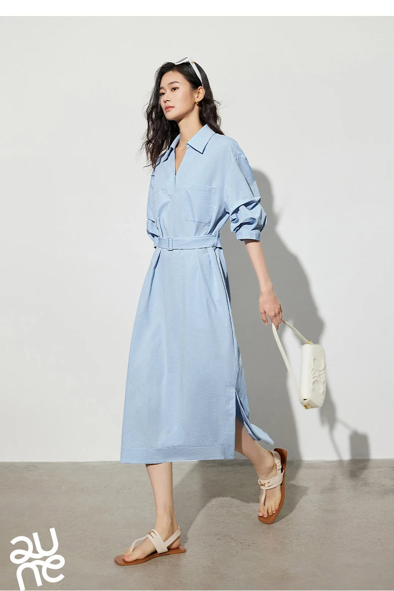 TOYOUTH Women Shirt Dress 2024 Summer New V Turn Down Collar Half Lantern Sleeve Jacquard A-line Midi Dress With Waist Belt