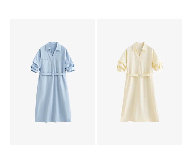 TOYOUTH Women Shirt Dress 2024 Summer New V Turn Down Collar Half Lantern Sleeve Jacquard A-line Midi Dress With Waist Belt
