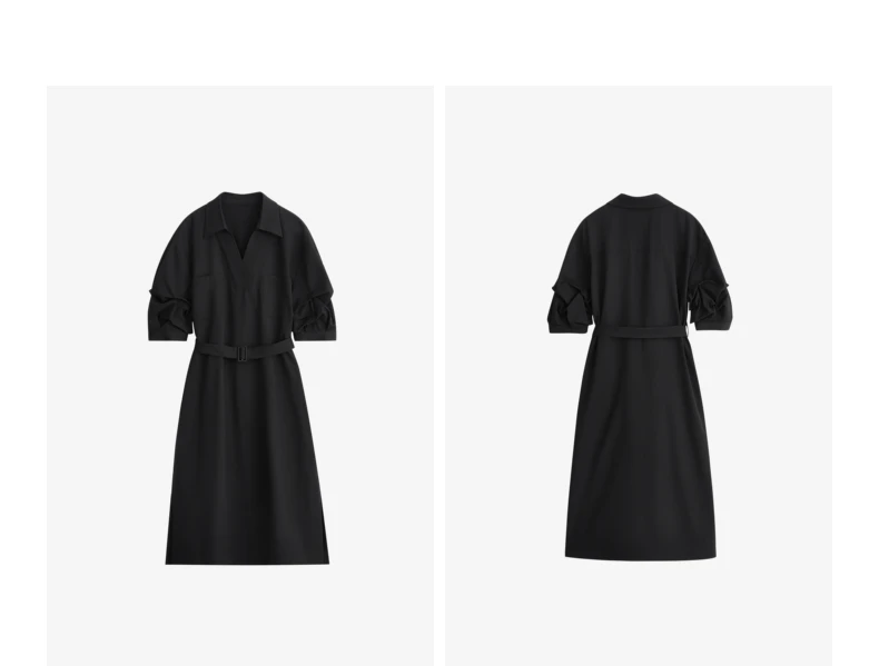 TOYOUTH Women Shirt Dress 2024 Summer New V Turn Down Collar Half Lantern Sleeve Jacquard A-line Midi Dress With Waist Belt