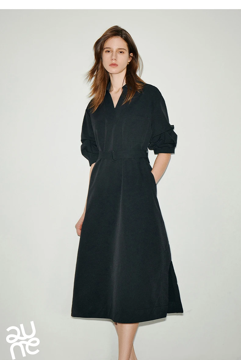 TOYOUTH Women Shirt Dress 2024 Summer New V Turn Down Collar Half Lantern Sleeve Jacquard A-line Midi Dress With Waist Belt